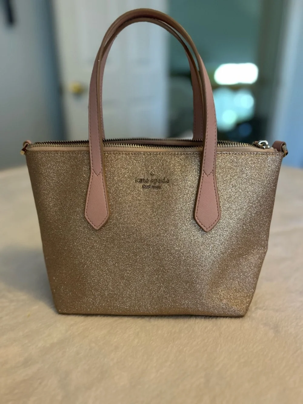 kate spade Glitter Tote in Metallic Rose with Pink Handles